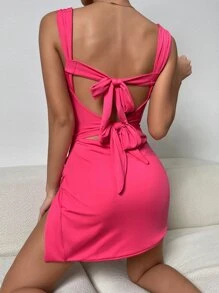 Chiquease Solid Split Hem Tie Back Tank Dress - Hot Pink - View 2