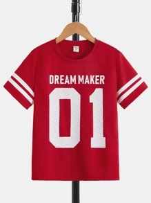 SHEIN Boys' Casual Sports Letter Printed Round Neck Short Sleeve T-Shirt, Suitable For Daily Leisure & Sports Wear - Red - View 5