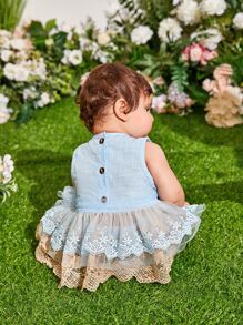 Baby Mesh Bow Front Contrast Layer Lace Hem Peplum Top & Shorts