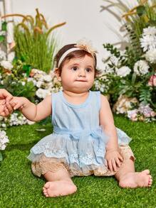 Baby Mesh Bow Front Contrast Layer Lace Hem Peplum Top & Shorts