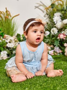 Baby Mesh Bow Front Contrast Layer Lace Hem Peplum Top & Shorts