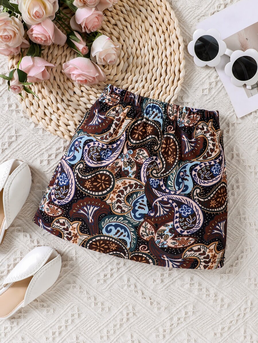 小女童佩斯利印花彈性腰帶半身裙