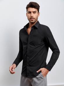 Manfinity NiteLyfe 男士素色前紐扣襯衫 - 黑色 - 查看 4