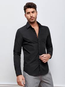 Manfinity NiteLyfe 男士素色前紐扣襯衫 - 黑色 - 查看 5