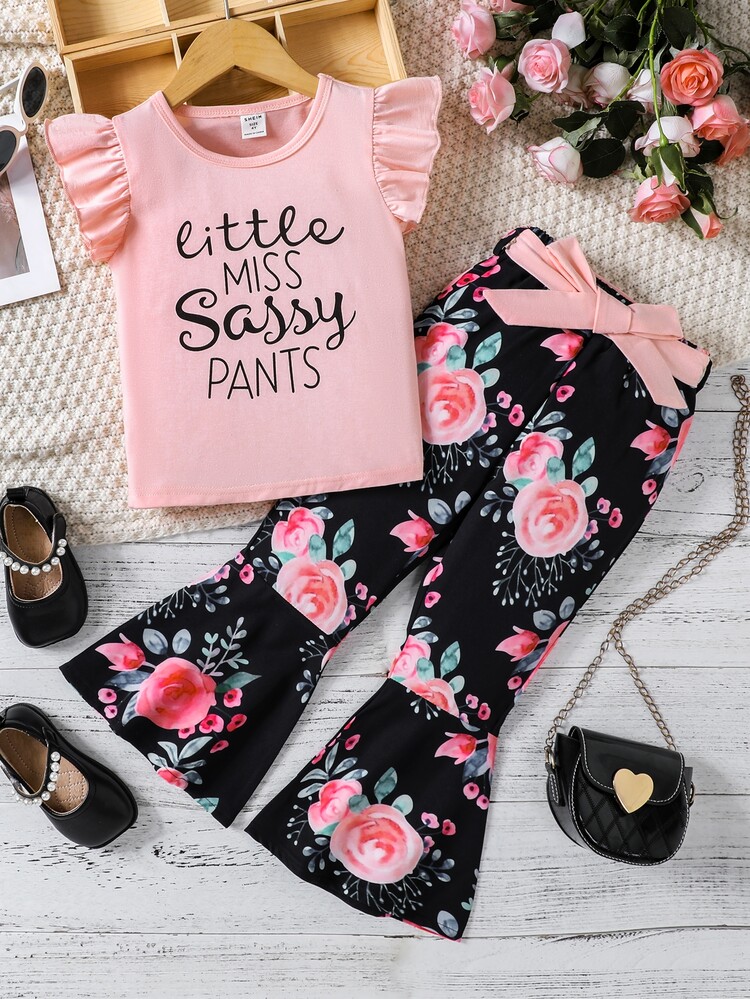 Niñas con estampado de slogan ribete con fruncido Camiseta & con estampado floral Pantalones acampanados - Multicolor - Ver 1
