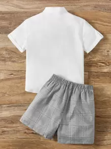 SHEIN 小男童馬和人物刺繡捲邊袖上衣和格紋短褲 - 彩色 - 查看 2