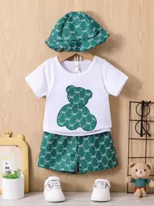 Bộ áo thun và quần đùi in chữ và gấu thường ngày mùa hè cho bé trai - Nhiều màu - Xem 1