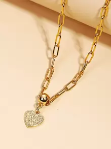 水鑽愛心掛飾項鍊不銹鋼龐克嘻哈風格 - 金黃色 - 查看 1