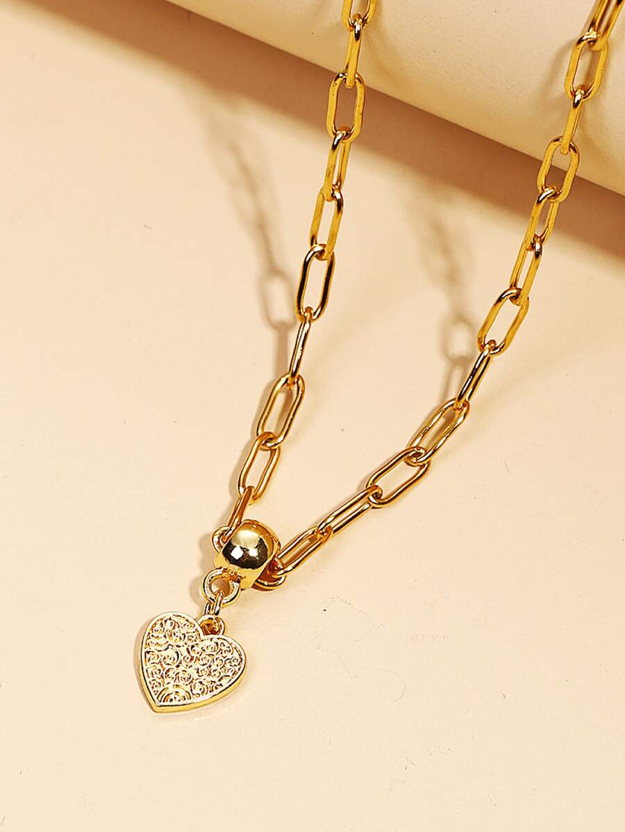 水鑽愛心掛飾項鍊不銹鋼龐克嘻哈風格 - 金黃色 - 查看 1