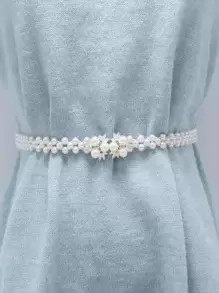 1 chiếc thắt lưng bản mỏng co giãn đính ngọc trai với khóa kim cương, phụ kiện thời trang dành cho nữ, dễ dàng phối cùng trang phục thường ngày ôm sát, tôn lên vẻ thanh lịch cho trang phục hàng ngày. - trắng - Xem 1