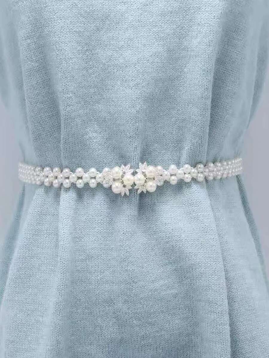 1 chiếc thắt lưng bản mỏng co giãn đính ngọc trai với khóa kim cương, phụ kiện thời trang dành cho nữ, dễ dàng phối cùng trang phục thường ngày ôm sát, tôn lên vẻ thanh lịch cho trang phục hàng ngày. - trắng - Xem 1