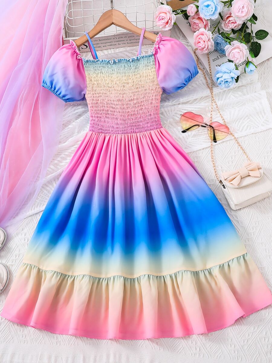 SHEIN Đầm Gái Dải chun viền lá sen Viên lá sen Ombre Boho - Nhiều màu - Xem 1