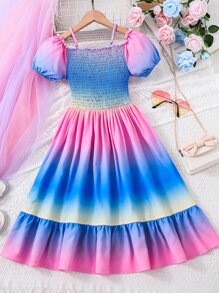 SHEIN Đầm Gái Dải chun viền lá sen Viên lá sen Ombre Boho - Nhiều màu - Xem 2