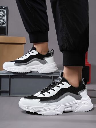 男士繫帶補丁細節撞色粗運動戶外網紗運動鞋