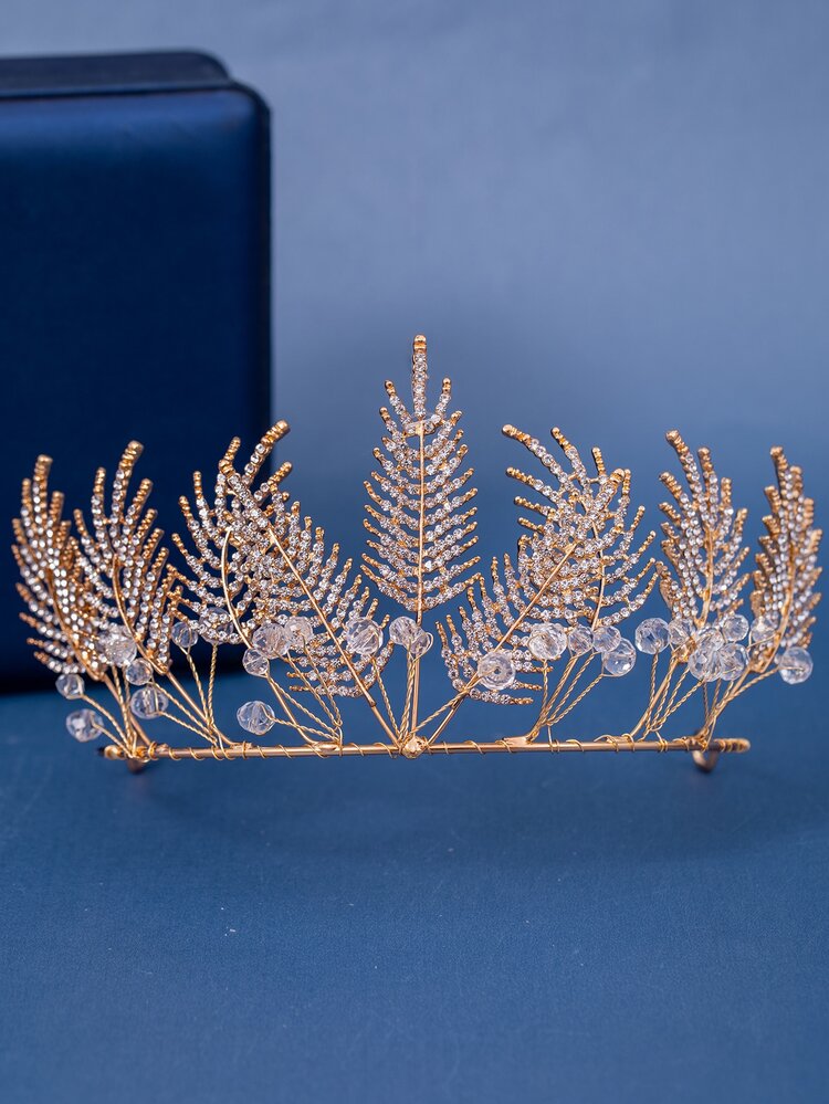 Rhinestone Leaf Decor Bridal Headband - Gold - View 1