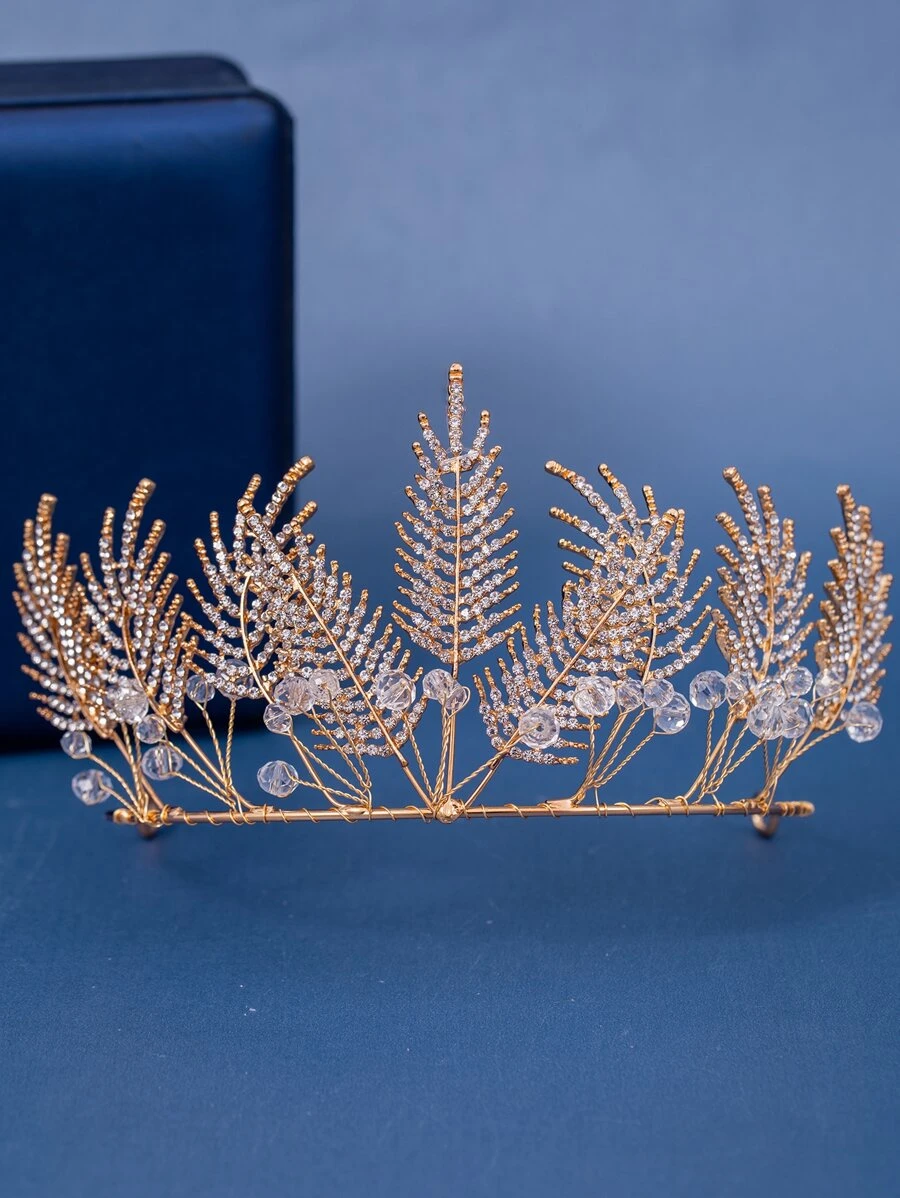 Rhinestone Leaf Decor Bridal Headband - Gold - View 1