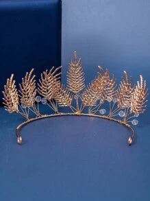 Rhinestone Leaf Decor Bridal Headband - Gold - View 2