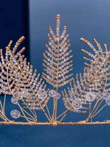 Rhinestone Leaf Decor Bridal Headband - Gold - View 3