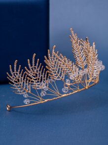 Rhinestone Leaf Decor Bridal Headband - Gold - View 4