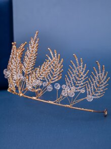 Rhinestone Leaf Decor Bridal Headband - Gold - View 5