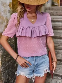 SHEIN LUNE Blusa de lunares ribete con fruncido de manga farol - Rosa - Ver 2