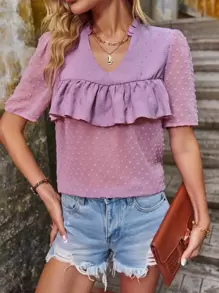 SHEIN LUNE Blusa de lunares ribete con fruncido de manga farol - Rosa - Ver 4