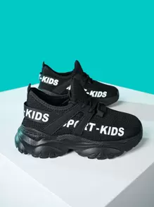 男孩繫帶字母織帶裝飾老爹鞋運動戶外織物運動鞋