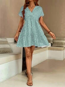 Breezaya Polka Dot Print Ruffle Hem Smock Dress Vacation Beach Outfits Women - Mint Blue - View 3