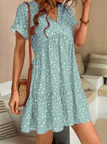 Breezaya Polka Dot Print Ruffle Hem Smock Dress Vacation Beach Outfits Women - Mint Blue - View 4