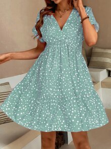 Breezaya Polka Dot Print Ruffle Hem Smock Dress Vacation Beach Outfits Women - Mint Blue - View 5