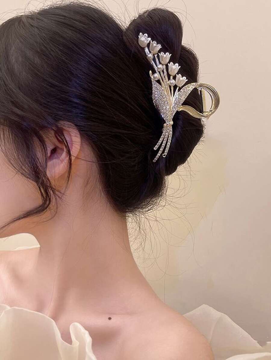 Garra de pelo con diamante de imitación con diseño de flor - Dorado - Ver 1