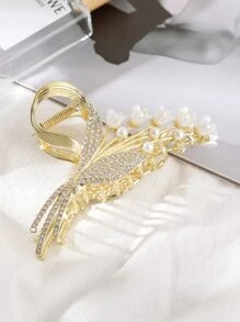 Garra de pelo con diamante de imitación con diseño de flor - Dorado - Ver 4