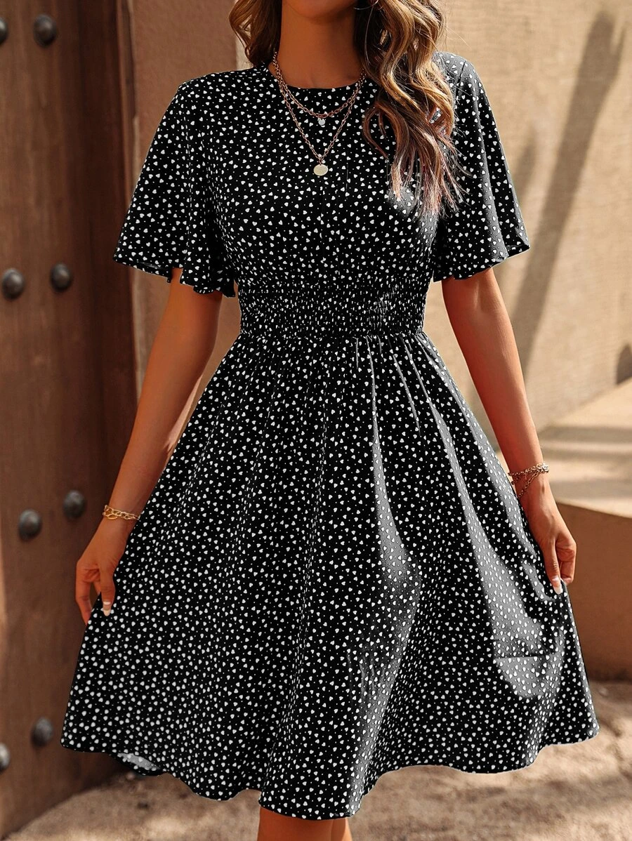 Breezaya 五彩纸屑心形印花蝴蝶袖连衣裙度假海滩装女装 - 黑與白 - 查看 1