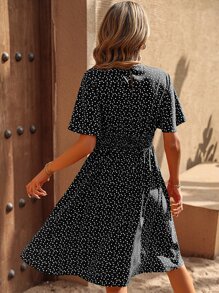 Breezaya 五彩纸屑心形印花蝴蝶袖连衣裙度假海滩装女装 - 黑與白 - 查看 2