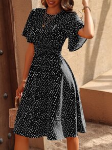 Breezaya 五彩纸屑心形印花蝴蝶袖连衣裙度假海滩装女装 - 黑與白 - 查看 3