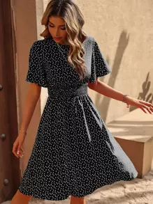 Breezaya 五彩纸屑心形印花蝴蝶袖连衣裙度假海滩装女装 - 黑與白 - 查看 5