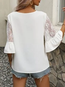 SHEIN VCAY Contrast Lace Flounce Sleeve Tie Neck Blouse - White - View 3