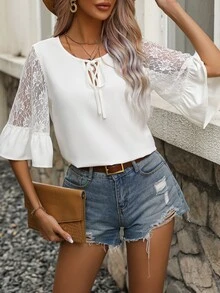 SHEIN VCAY Contrast Lace Flounce Sleeve Tie Neck Blouse - White - View 6