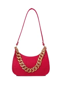 Neon Pink Chain Decor Hobo Bag - Hot Pink - View 1