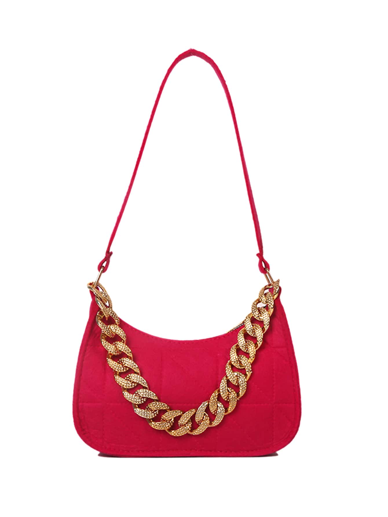 Neon Pink Chain Decor Hobo Bag - Hot Pink - View 1