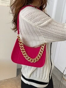 Neon Pink Chain Decor Hobo Bag - Hot Pink - View 2