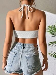 SHEIN Essnce Solid Bandana Hem Tie Backless Halter Top - White - View 3