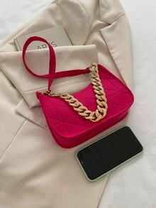 Neon Pink Chain Decor Hobo Bag - Hot Pink - View 4