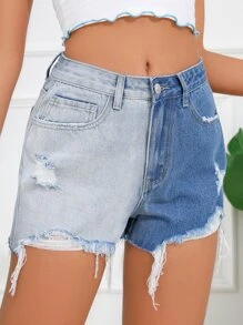 SHEIN Essnce 雙色破洞毛邊牛仔短褲 - 中等水洗藍 - 查看 4