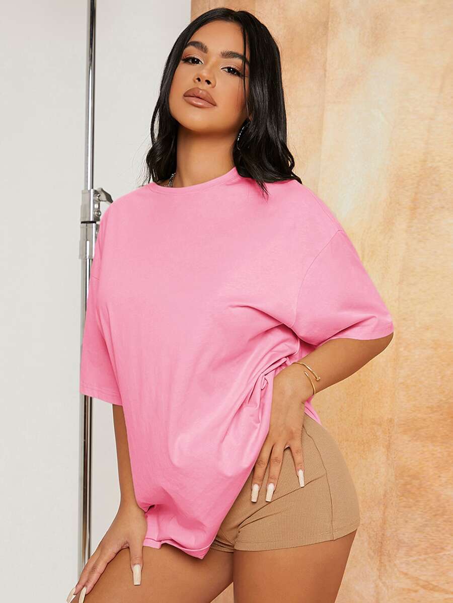 SHEIN SXY 落肩長款T恤 - 粉色 - 查看 1