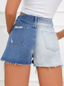 SHEIN Essnce 雙色破洞毛邊牛仔短褲 - 中等水洗藍 - 查看 2