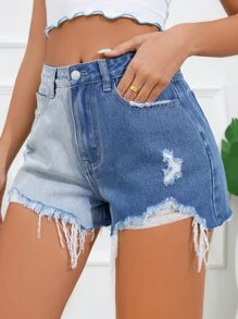 SHEIN Essnce 雙色破洞毛邊牛仔短褲 - 中等水洗藍 - 查看 1