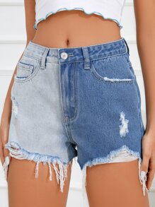 SHEIN Essnce 雙色破洞毛邊牛仔短褲 - 中等水洗藍 - 查看 6