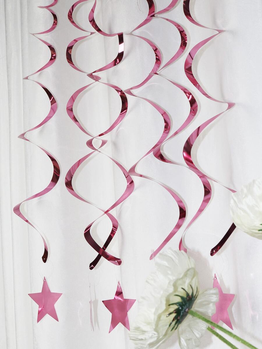 6入組星星細節懸掛漩渦裝飾派對用粉色金屬塑料螺旋懸掛裝飾 - 粉色 - 查看 1