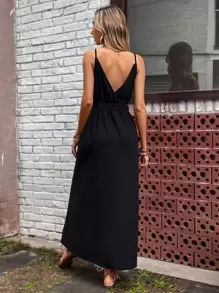 SHEIN LUNE Solid Split Thigh Belted Cami Dress - Black - View 2